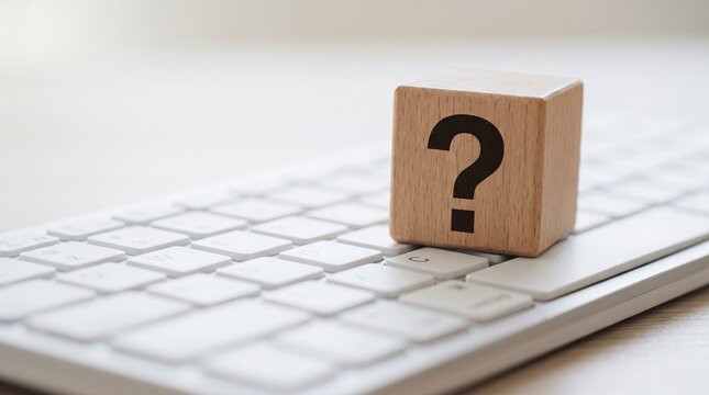 Wooden block with question mark symbol on a white computer keyboard, online support and customer service concept