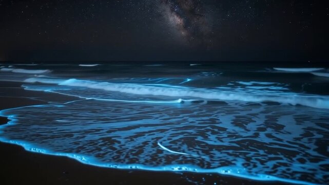 Gentle ocean waves glowing with neon blue bioluminescent plankton at night