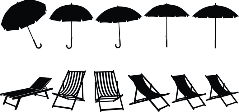 Beach Umbrella and Deck Chair icon set featuring, 'illustration' sun loungers, vacation sunshade, summer furniture vector design.