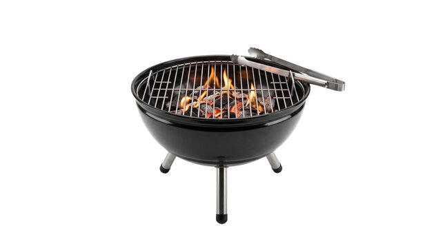 small portable charcoal grill with fire and tongs isolated on transparent background png