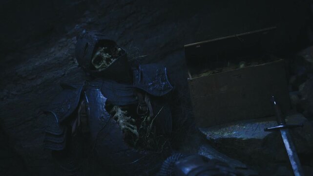 Desiccated caucasian warrior lying near chest and broken polearm, armor encrusted with fungal patina and dim golden light casting solemn tomblike mood.