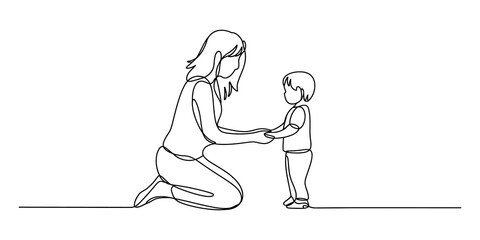 Continuous line drawing of a mother holding hands with her little toddler boy © SHANTO