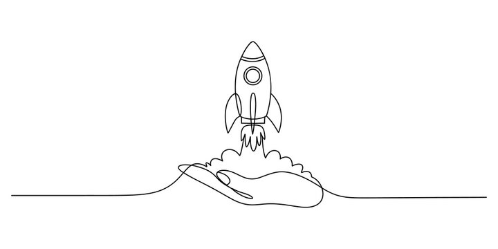 Continuous line drawing of a rocket launching from a human hand