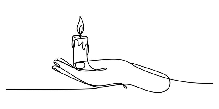 Continuous single line drawing of a human hand holding a burning wax candle