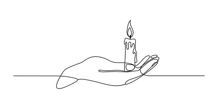 Continuous single line drawing of a human hand holding a burning wax candle