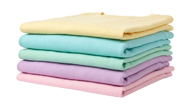stack of folded pastel cotton t-shirts isolated on transparent background png