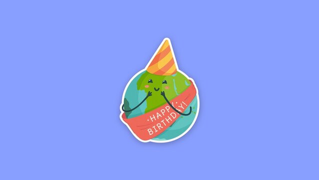 Eco Friendly Sticker / Cute Cartoon Earth Character in Party Hat with Happy Birthday Ribbon, Sticker Pop Up for Earth Day Greetings, Kids Videos and Eco Promos / Horizontal / Part 01