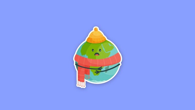 Eco Friendly Sticker / Shivering Cartoon Earth Character in Knit Hat and Red Scarf, Sticker Reveal for Winter Greetings, Climate Explainers and Kids Videos / Horizontal / Part 02