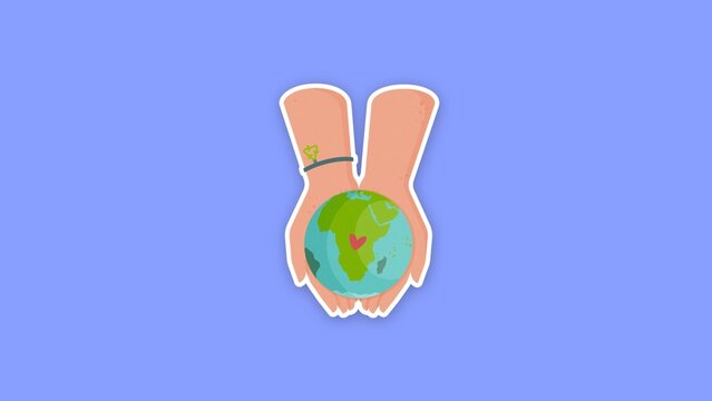 Eco Friendly Sticker / Open Palms Holding Green Planet Earth with Red Heart, Sticker Animation for Earth Day, Charity Campaigns and Sustainability Videos / Horizontal / Part 04