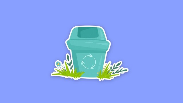 Eco Friendly Sticker / Teal Recycling Bin with Grass and Wild Flowers, Sticker Pop Up for Waste Sorting Explainers, School Lessons and Eco Promos / Horizontal / Part 06