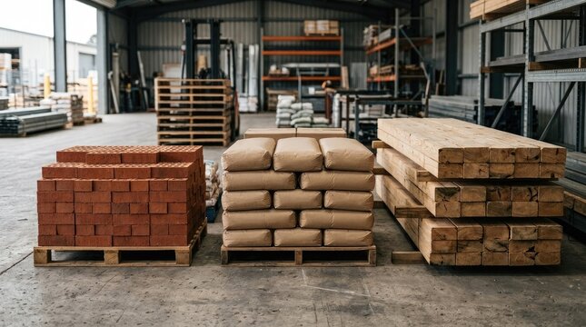 Construction materials including bricks cement and lumber in a warehouse