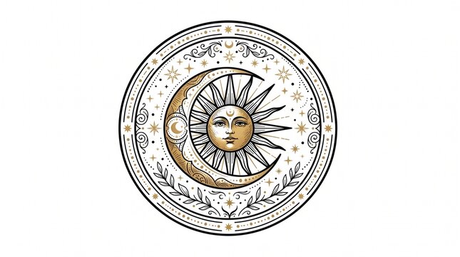 Boho sun and moon celestial emblem with gold details on white background