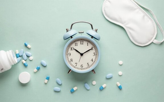 Light blue alarm clock, white sleep mask, and scattered blue and white pills on a pale green background