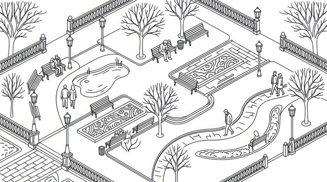 Isometric city park line art with people and walking paths