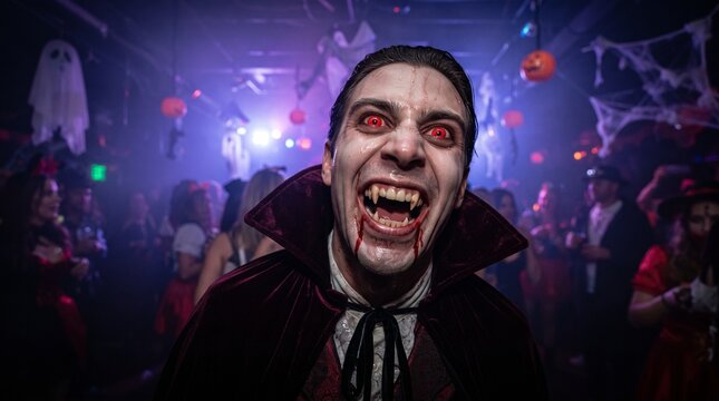 Cheering Crowd in Scary Halloween Costumes Celebrating at Nightclub Party. Halloween Nightlife Party Concept Banner with Copy Space