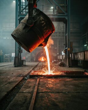 Molten metal pouring from a heavy industrial ladle in a steel foundry