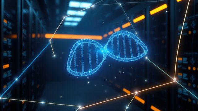 Digital dna helix floats within server room. Glowing lines connect data points, representing complex systems. Futuristic concept.