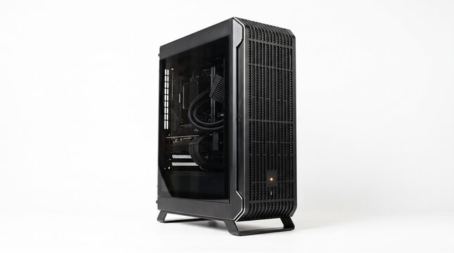 Modern black gaming computer pc tower case isolated on white background, powerful desktop workstation rig for hardware tech setup