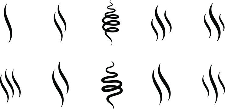 Steam and Smoke icon set featuring, 'illustration' hot aroma lines, vapor swirl, smell stinky lines, food cooking vector design.