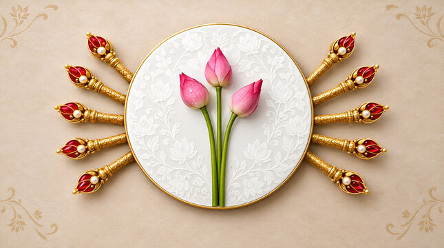 Divine Navratri and Durga Puja Abstract Background with Ten Golden Arms, Red Gems, and Pink Lotus Flowers