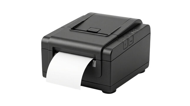 Compact wireless receipt printer isolated on white background for modern retail checkout concepts.