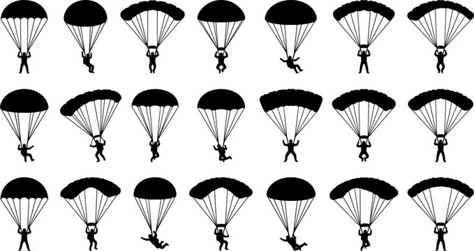Set of parachutist silhouettes with different parachutes