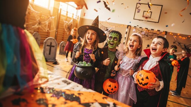 Group of Cute Kids in Halloween Costumes Having Fun at School Party. Kids Halloween Party Concept Banner with Copy Space