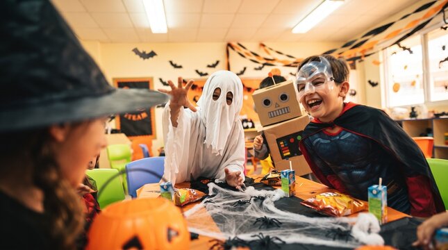 Group of Cute Kids in Halloween Costumes Having Fun at School Party. Kids Halloween Party Concept Banner with Copy Space