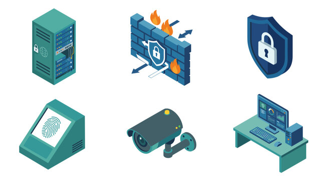 Cybersecurity Icons Set Featuring Server Firewall Fingerprint Scanner Security Camera and Computer
