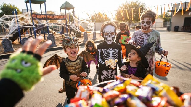 Group of Cute Kids in Halloween Costumes Having Fun at School Party. Kids Halloween Party Concept Banner with Copy Space