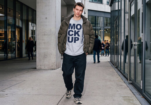 Man Wearing Sweatshirt and Jacket Urban Streetwear Mockup