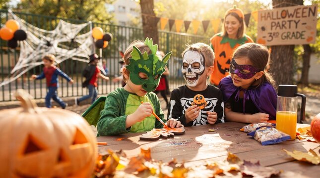Group of Cute Kids in Halloween Costumes Having Fun at School Party. Kids Halloween Party Concept Banner with Copy Space