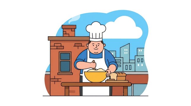 Male baker in white hat mixing dough on rooftop with city background