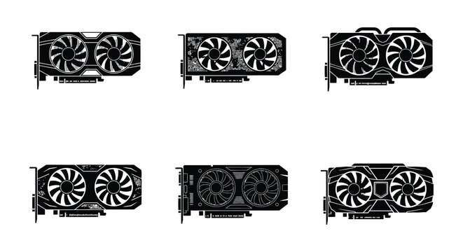 Black vector graphics depict multiple computer graphics cards on a white background