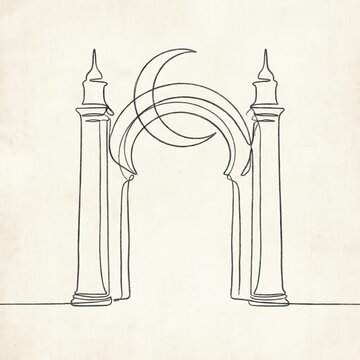 Ramadan Minimalist continuous line art of mosque arch and crescent