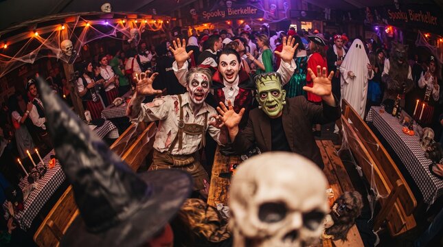 Group of Friends in Halloween Monster Costumes Celebrating at Festival Party. Halloween Costume Party Concept Banner with Copy Space