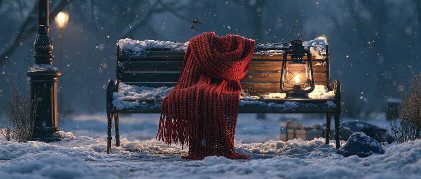 Snowy Bench with Red Scarf and Lantern in Winter Wonderland