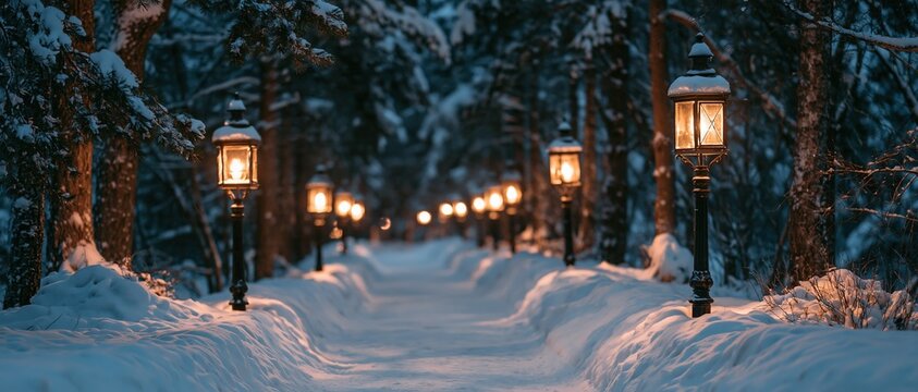 Snowy Pathway Illuminated by Vintage Street Lamps in Winter Wonderland