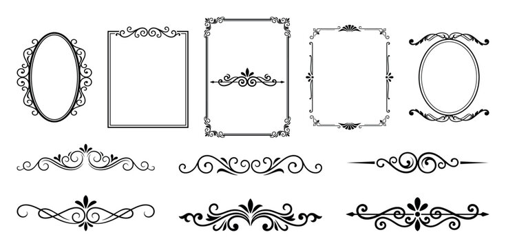 Black vintage frames and ornamental divider collection on transparent checker background.
