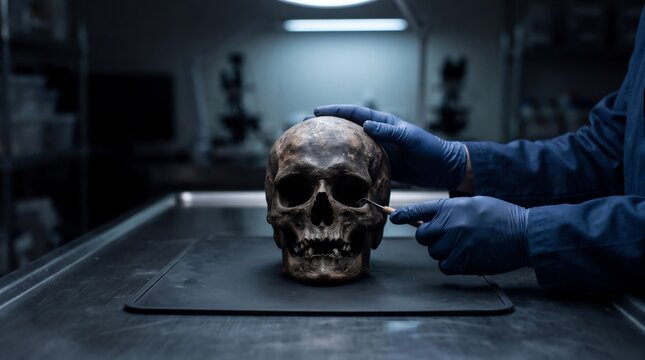 Forensic Scientist Examining Human Skull in Dark Science Laboratory Crime Scene Evidence Investigation Concept