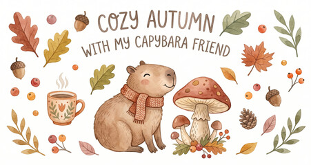 Obraz premium Cozy autumn with my capybara friend. Cute animal wearing scarf. Fall leaves and mushroom.