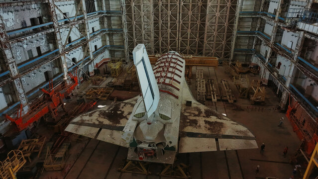 Aerial view of the abandoned Buran space shuttle inside a large hangar at the Baikonur Cosmodrome in Karmakshy, Kyzylorda, Kazakhstan.