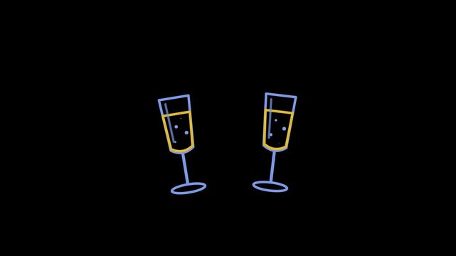 Champagne glasses clinking line art animation on black background loop
