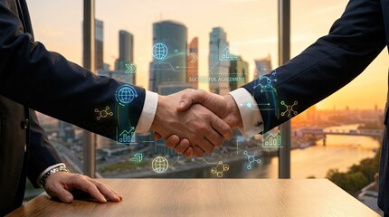 Naklejka na ściany i meble Business partners shaking hands during agreement signing in office with digital overlay and city view