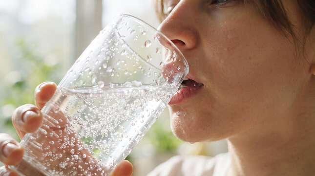 Thirst Quencher: Close-up of a woman taking a refreshing sip of sparkling water from a clear glass, condensation beading on the outside, highlighting the pure hydration.