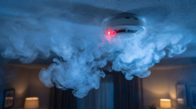 Smoke Detector Alarm System with Red Light in Dense Smoke | Home Fire Safety Smoke Sensor Mounted on Ceiling | Ceiling Mounted Fire Alarm Detector Detecting Heavy Smoke