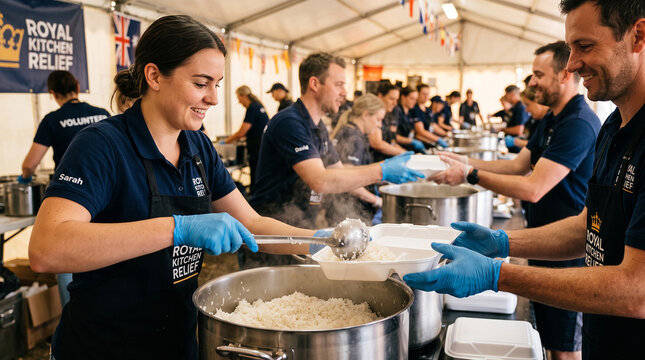 Volunteers Serving Meals at Charity Event: A dedicated team of volunteers, wearing navy blue shirts and blue gloves, diligently serves meals to attendees under a tented canopy.