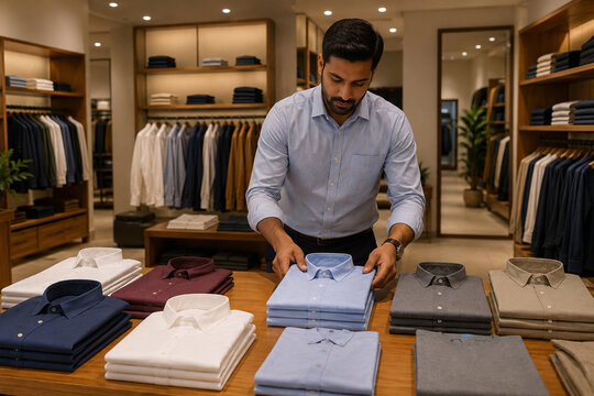 Store Manager Arranging Folded Formal Shirts on Display in Men Clothing Shop