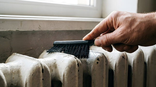 Hand Cleaning Dust Off Cast Iron Heating Radiator with Brush | Cleaning Dusty Vintage Home Radiator Before Winter Season | Close Up of Man Brushing Dust From Heating Radiator