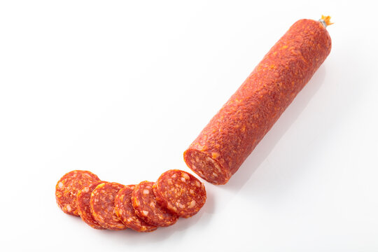 Smoked sausage isolated on white.